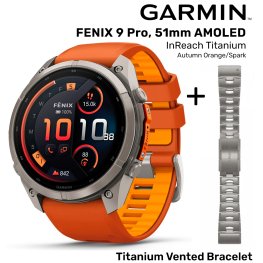 GARMIN Fenix 9 Pro 51mm AMOLED inReach, Titanium Orange/Spark + Vented Titanium Bracelet spordikell