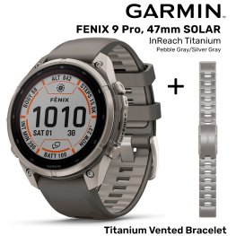 GARMIN Fenix 9 Pro 47mm Solar inReach, Titanium Pebble Gray/Silver + Vented Titanium Bracelet spordikell