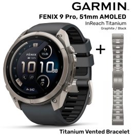 GARMIN Fenix 9 Pro 51mm AMOLED inReach, Titanium Graphite/Black + Vented Titanium Bracelet spordikell