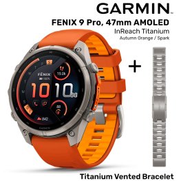 GARMIN Fenix 9 Pro 47mm AMOLED inReach, Titanium Orange/Spark + Vented Titanium Bracelet spordikell