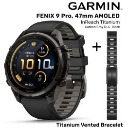 GARMIN Fenix 9 Pro 47mm AMOLED inReach, Carbon Gray DLC Black/Pebble + Vented Titanium Bracelet spordikell