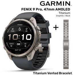 GARMIN Fenix 9 Pro 47mm AMOLED, Titanium Graphite / Black + Vented Titanium Bracelet spordikell
