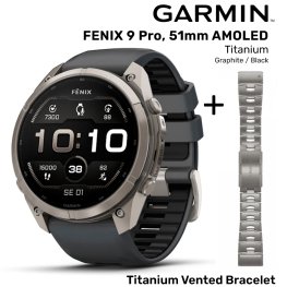 GARMIN Fenix 9 Pro 51mm AMOLED, Titanium Graphite / Black + Vented Titanium Bracelet spordikell