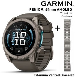 GARMIN Fenix 9 51mm AMOLED, Titanium Pebble gray + Vented Titanium Bracelet spordikell