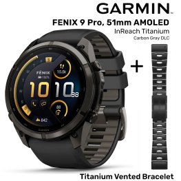 GARMIN Fenix 9 Pro 51mm AMOLED inReach, Carbon DLC Titanium Pebble + Vented Titanium Bracelet DLC spordikell