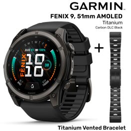 GARMIN Fenix 9 51mm AMOLED, Carbon DLC Black + Vented Titanium Bracelet, Carbon Gray DLC spordikell