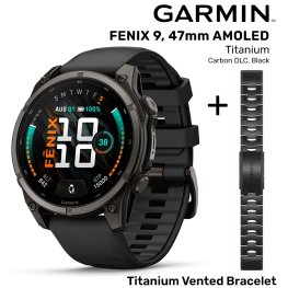 GARMIN Fenix 9 47mm AMOLED, Carbon DLC Black + Vented Titanium Bracelet, Carbon Gray DLC Coating spordikell