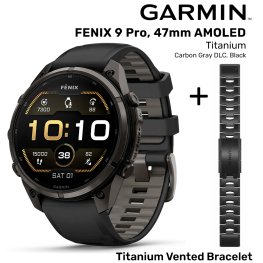 GARMIN Fenix 9 Pro 47mm AMOLED, Carbon DLC Titanium Black/Pebble + Vented Titanium Bracelet DLC spordikell