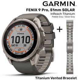GARMIN Fenix 9 Pro 51mm Solar inReach, Titanium Pebble Gray/Silver + Vented Titanium Bracelet spordikell